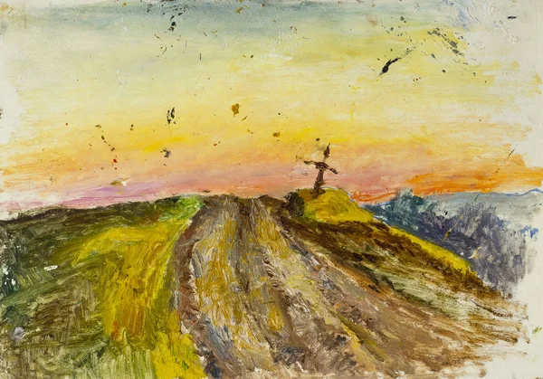 Hermosa pintura al óleo original cruz en el fondo del paisaje de otoño al atardecer — Foto de Stock