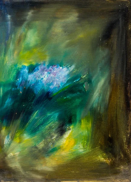 An oil painting on canvas of a beautiful still life with blooming lilacs in a nice glass vase on green and shades  backgroun