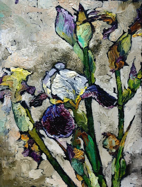 Pintura al óleo bodegón con flores de iris violeta azul — Foto de Stock