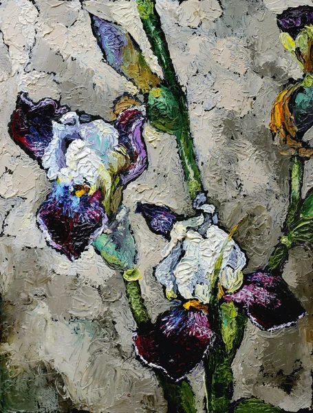 Oil painting still life with  blue violet  irises flowers