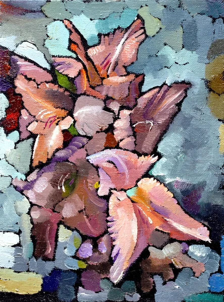 Oil painting still life with  pink  irises flowers — Φωτογραφία Αρχείου