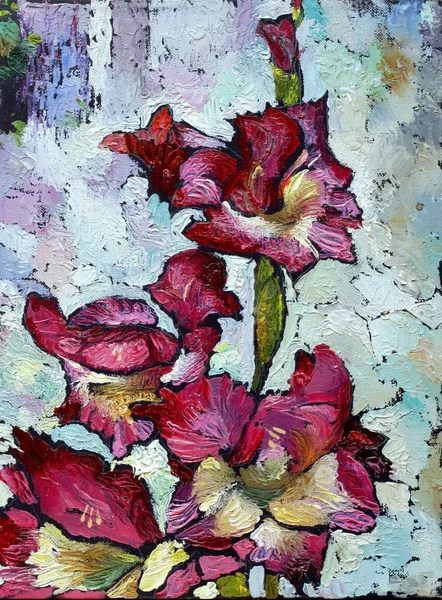 Pintura al óleo naturaleza muerta con flores de iris púrpura — Foto de Stock