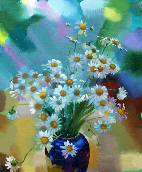 Oil painting still life with  purple  chamomileflowers