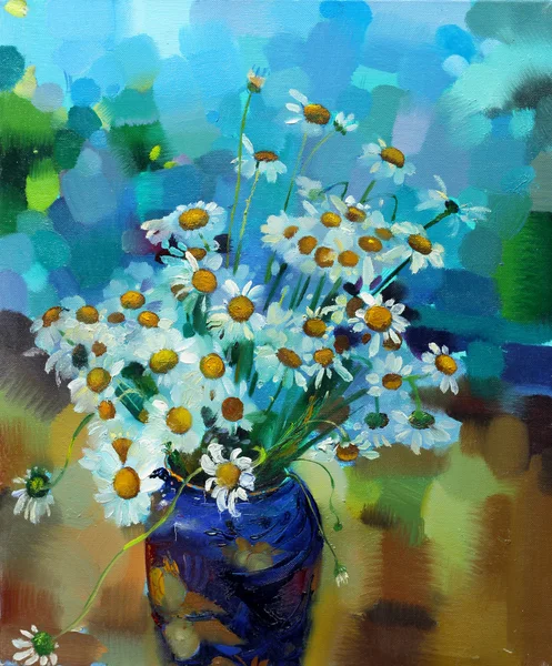 Oil painting still life with  purple  chamomileflowers