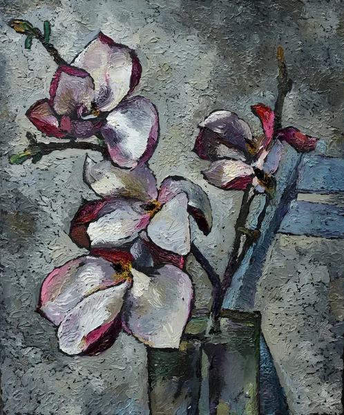 Pintura a óleo ainda vida com flores de magnólia roxas — Fotografia de Stock