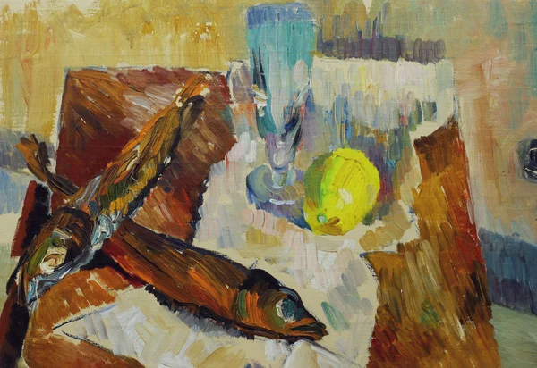 Beautiful Original Oil Painting of Still Life fish glass apple