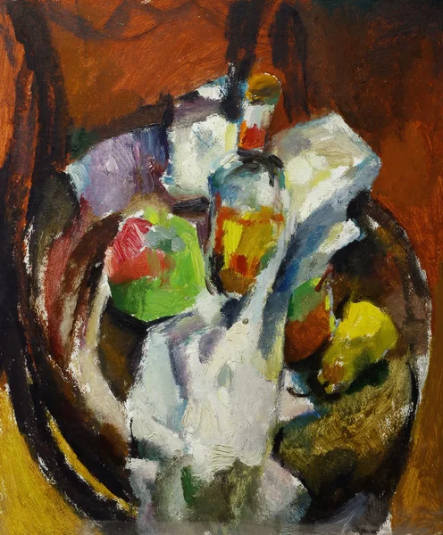 Beautiful Original Oil Painting of  still life  bottle of apple pear on a fabric on a chair — Stok fotoğraf