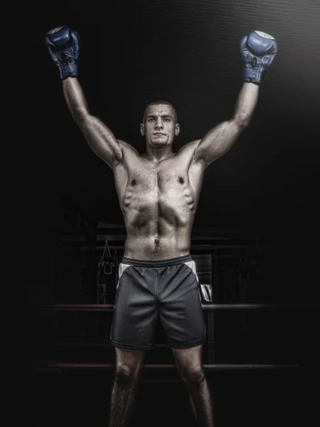 Young boxer raising hands after victory on black background — Stock Photo, Image