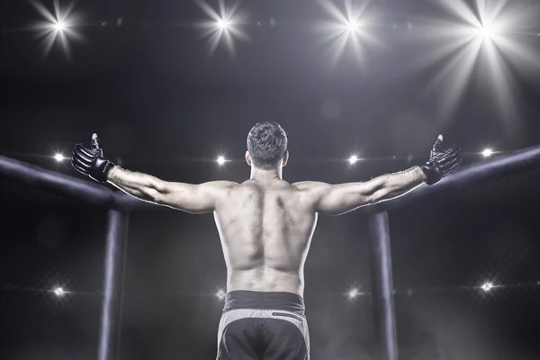 Bojovník MMA v aréně slaví vítězství, za zobrazení — Stock fotografie