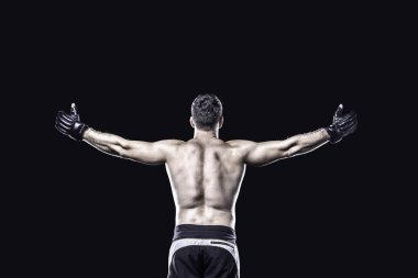 MMA fighter in celebrating victory, behind view, isolated clipart