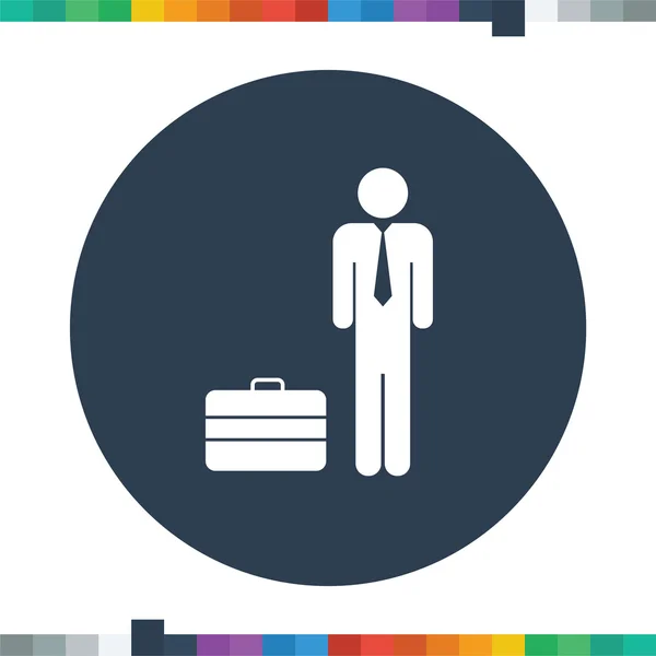 Figura plana hombre de negocios palo con icono de la maleta en un círculo . — Vector de stock