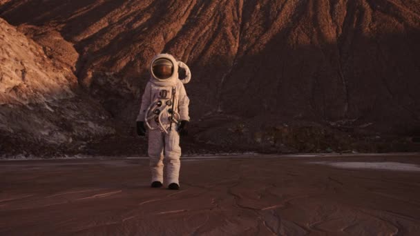 宇宙飛行士は崖から離れて明るい太陽から手を上げ — ストック動画