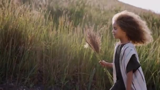 Een klein meisje met maïsoren in haar hand loopt de heuvel op. — Stockvideo