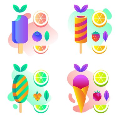 Dondurma, turunçgiller, böğürtlen ve yapraklar soyut bir arka planda süsleme için.