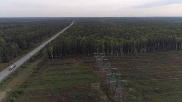 Kamera Lotnicza Nagrała Przemysłową Linię Wysokiego Napięcia Jesienny Pochmurny Dzień — Wideo stockowe