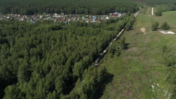 Aerial View Freight Train Oil Tank Cars Travels Railway Train — Stock Video