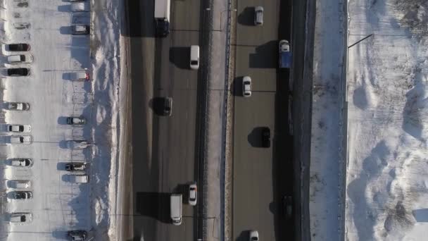 Top Aerial Shot Winter Road Lots Cars Middle Electric Poles — ストック動画