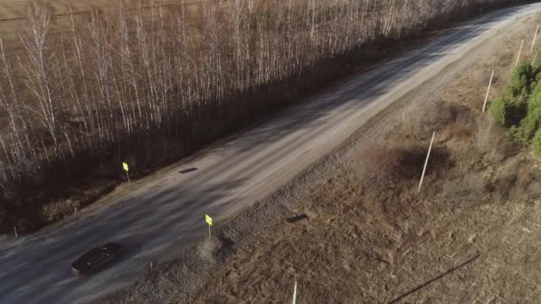 Luchtfoto Van Auto Rijden Langs Voorjaarsweg Zonnige Dag Zijn Berken — Stockvideo