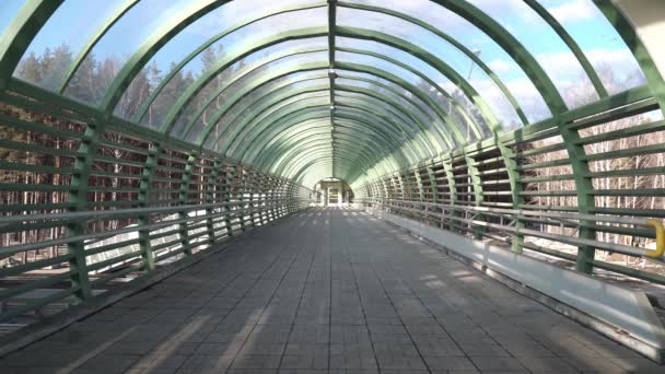 Hombre Con Una Chaqueta Con Capucha Camina Puente Peatonal Moderno — Vídeo de stock