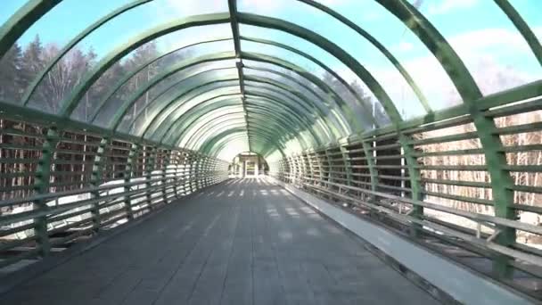 高速道路の上に新しく建てられた近代的な歩行者用橋の中を歩くと 空の長い鉄の足の橋 長い廊下を通って道 橋の下の道路を車で走る — ストック動画