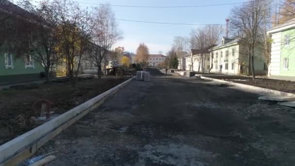 Drone Vista Reconstrucción Bulevar Peatonal Una Ciudad Provincial Otoño Con — Vídeo de stock