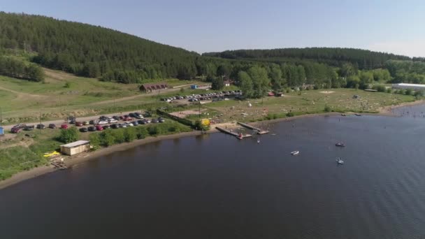 Aerial View Summer Vacation City Beach Small Provincial Town People — Stock Video