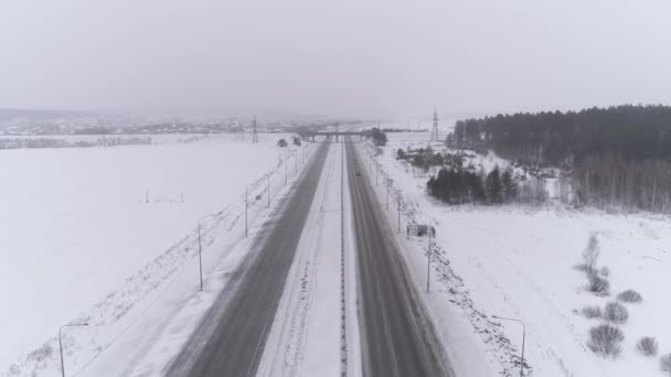 Aerial View Winter Highway Cars Trucks Coming Nearby Village Railway — Stock Video