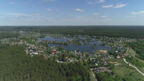 环湖的村庄的空中景观 房子坐落在湖岸和湖面上 在森林周围夏日晴天 — 图库视频影像