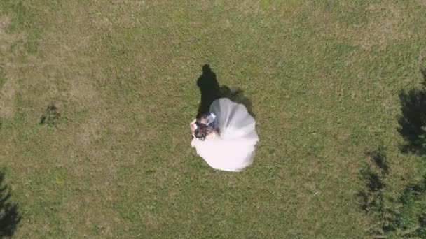 芝生の上の公園で回転結婚式のカップルの空中ビューをトップダウン 新郎は彼の腕の中で花嫁を取った 鳥の目の上からの眺め スローモーション4K映像 — ストック動画