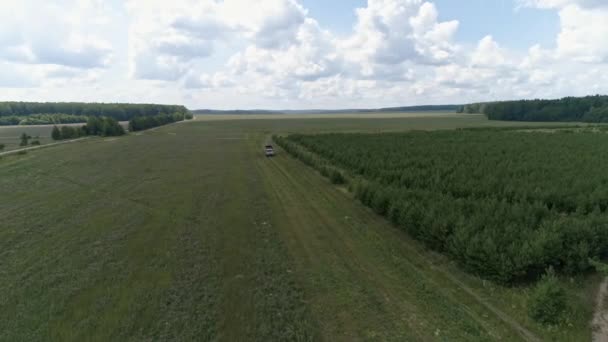 Letecký Pohled Náklaďák Jede Přes Pole Blíží Kombajnům Hejno Ptáků — Stock video