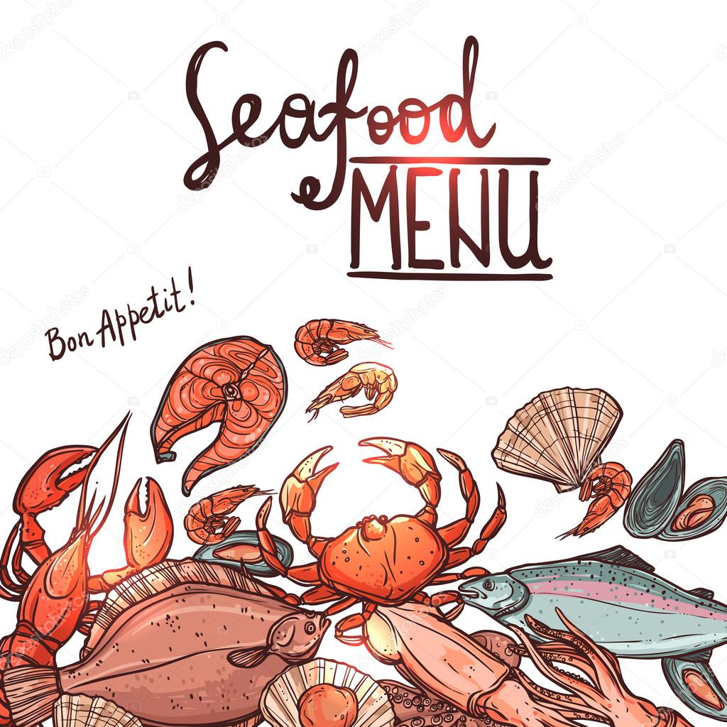 Menu di pesce di colore disegnata a mano con Lettering su priorit  bassa bianca — Vettoriali di alexrockheart