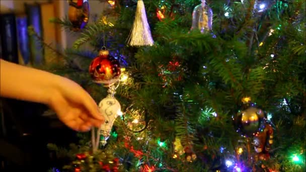 La mano della donna mette ornamenti sull'albero . — Video Stock