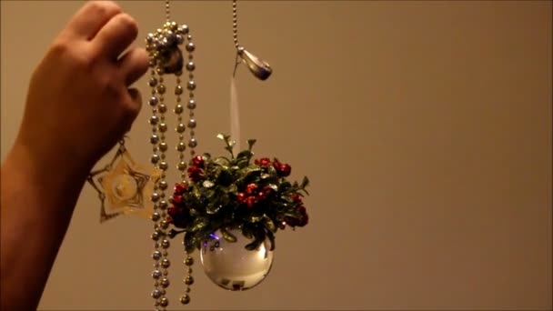 Mixed Christmas ornaments hung up. — Stock Video