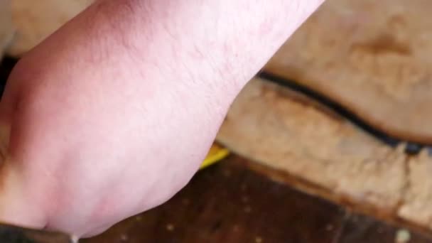 Mans Hand hält gelbes Brecheisen beim Aufbrechen des alten Fußbodens — Stockvideo