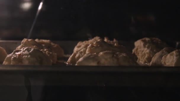 Biskuit hangat mendesis dalam mentega cair dalam oven — Stok Video