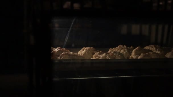 Fresh golden biscuits coming out of the oven — Stock Video