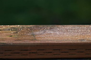 Küçük çiğ damlalarıyla kaplı eski ahşap güverte korkulukları