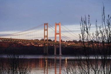 Alacakaranlıkta ağaçların arasından geçen altın ışıkta dar köprüler