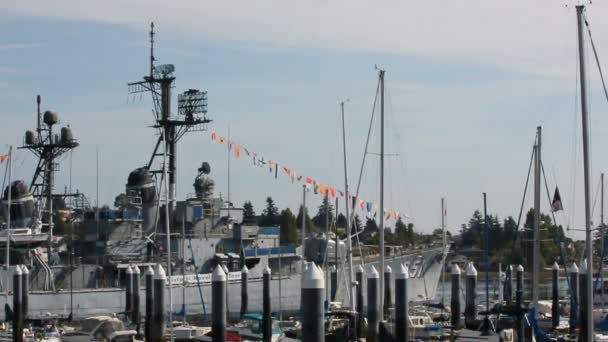 Retired navel vessel in marina — Stock Video