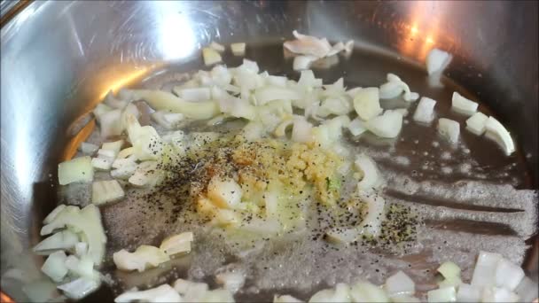 Cebollas y especias añadidas rápidamente a la sartén — Vídeos de Stock
