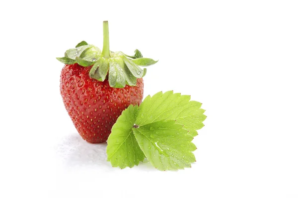 Fresh strawberry with green leaves isolated on white background — Stock Photo, Image