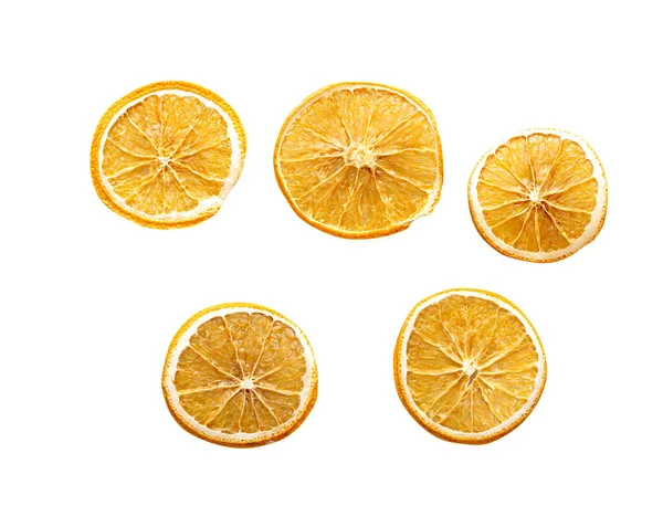 Στρογγυλές Φέτες Αποξηραμένου Πορτοκαλιού Απομονωμένες Λευκό Φόντο — Φωτογραφία Αρχείου