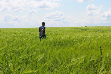 Yeşil buğday sahada çalışan mutlu çocuk