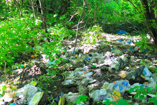 Sopor i skogen. Miljöföroreningar — Stockfoto