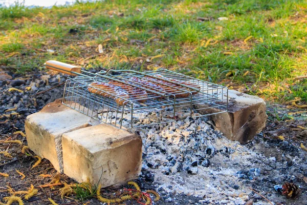 Grilling sausages in portable barbecue grill on campfire