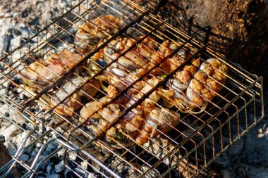 Kamp ateşinde ızgarada ızgara yayın balığı dilimleri.