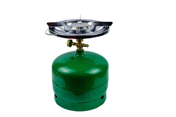 Cilindro Gás Propano Verde Com Queimador Isolado Sobre Fundo Branco — Fotografia de Stock