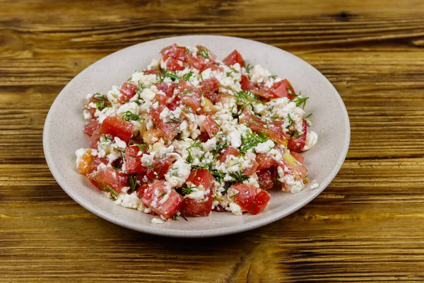 Tasty Salad Tomato Cottage Cheese Dill Olive Oil Wooden Table — Stock Photo, Image