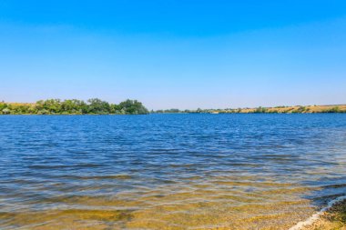 Güzel bir nehir, yeşil ağaçlar ve mavi gökyüzü olan yaz manzarası