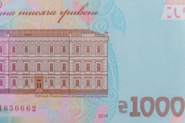 Ukrayna para birimi. 1000 Hryvnia banknotunun makro çekimi